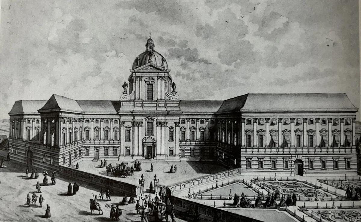 Historische Kupferstich-Ansicht des Salesianergartens in Wien mit Palastfassade und barocker Gartenanlage